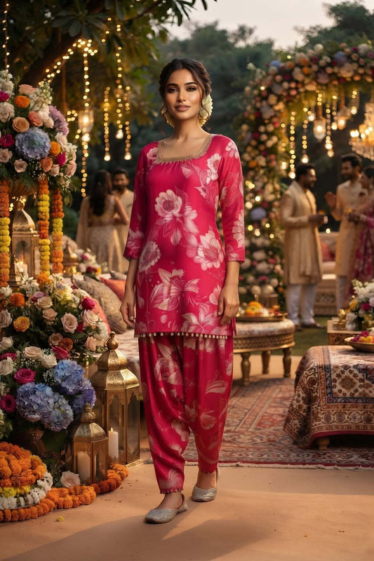 Rani Pink Pure Crepe 3 Pcs Set Kurti Farshi Salwar Dupatta