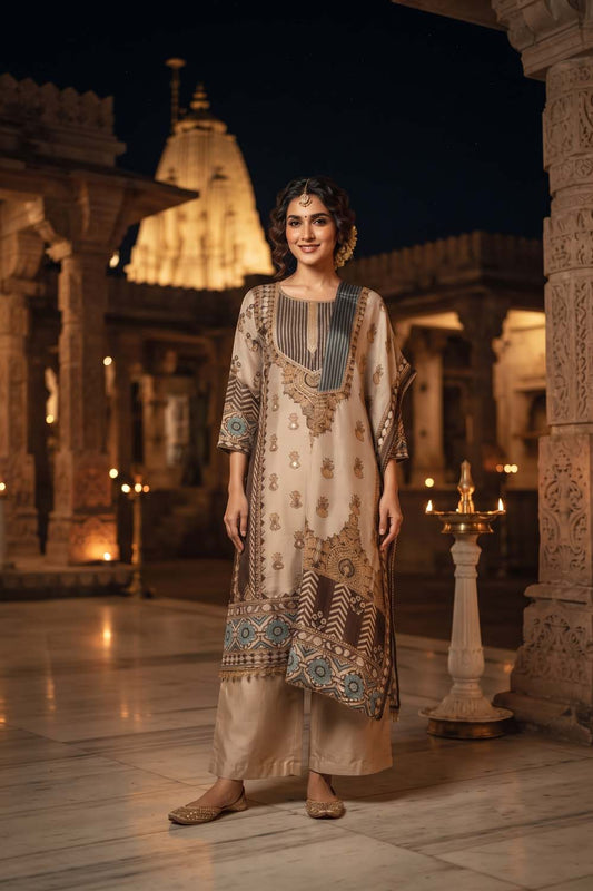 L Buff Pure Fabric 3 Pcs Set Kurti Straight Pant Dupatta