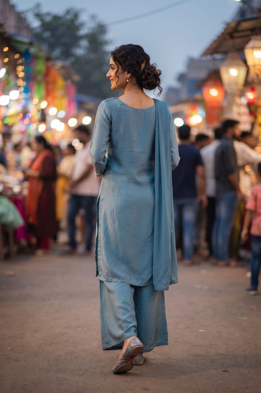 Blue Pure Chinon 3 Pcs Set Kurti Straight Plazo Dupatta