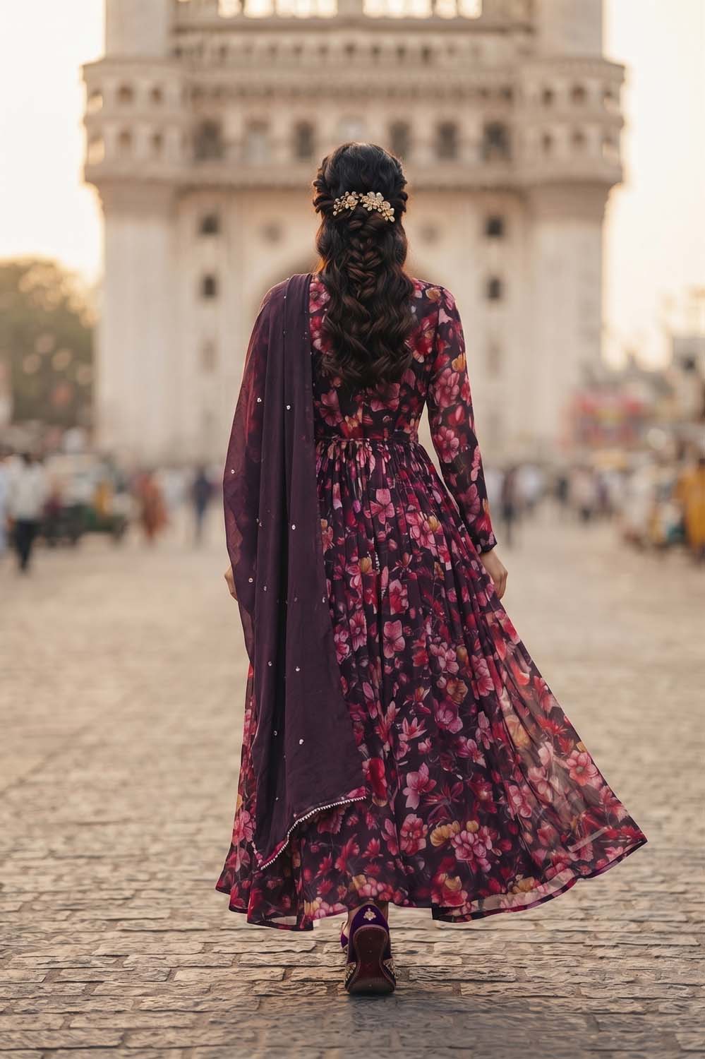 Dark Wine Frock Style Kurti With Pant With Dupatta 3 Pcs Set