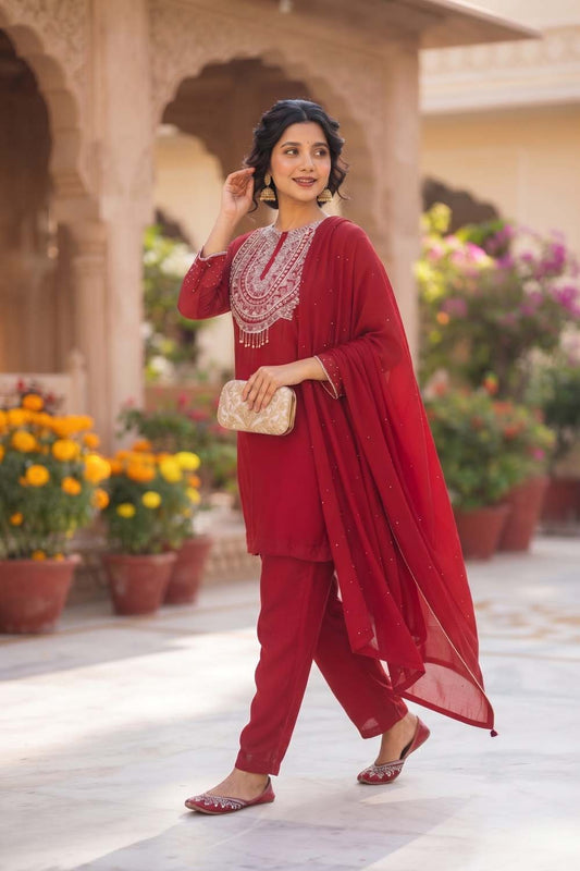 Maroon Chinon Short Kurti With Plazo 3 Pcs Set