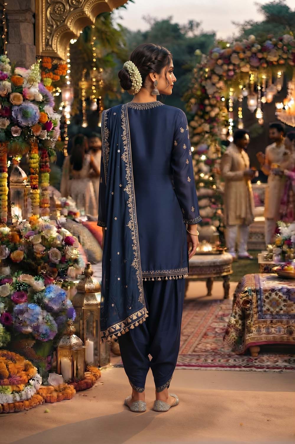Peacock Blue Pure Chinon 3 Pcs Set Kurti Farshi Salwar Dupatta
