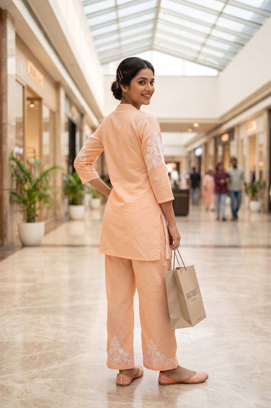 Peach Short Kurti With Straight Plazo 2pcs Set