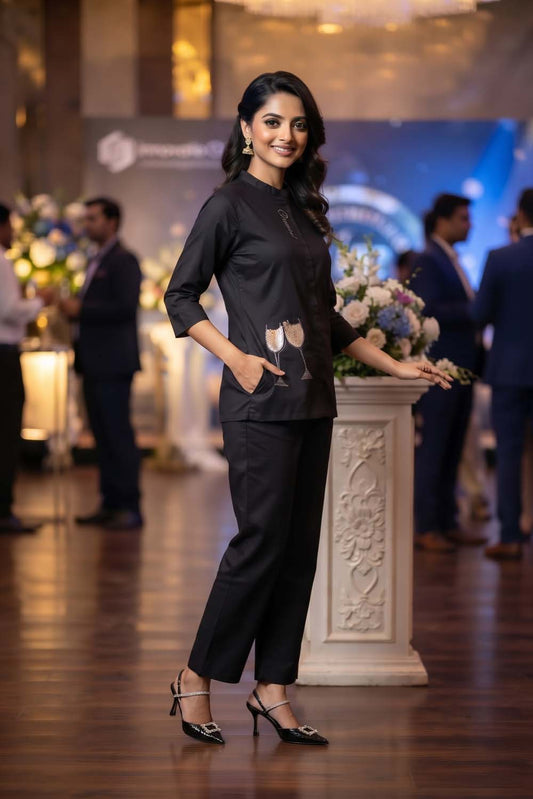 Black Cotton Silk 2 Pc Cord Set Kurti Pant