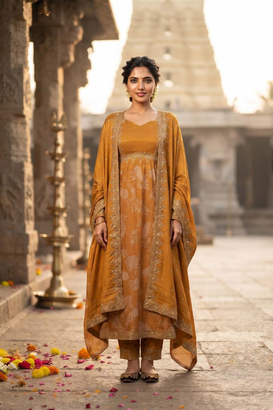 Masterd Pure Chinon 3 Pcs Set Kurti Long Frock Straight Pant Dupatta