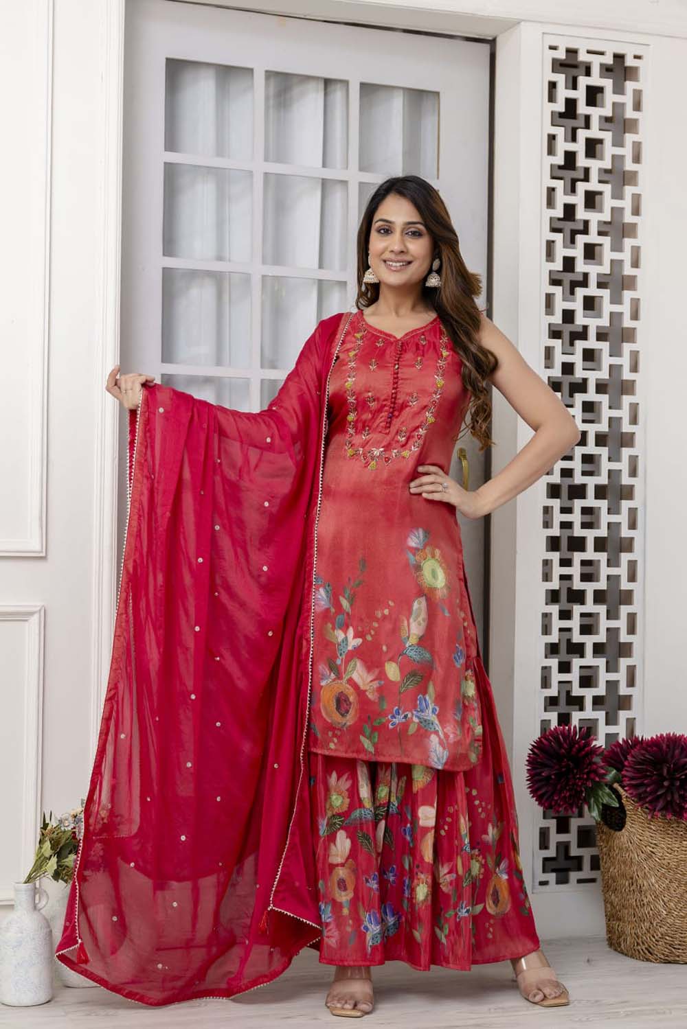 Kaira Bright Tomato Pink Poplon Kurti Plazo Dupatta Set