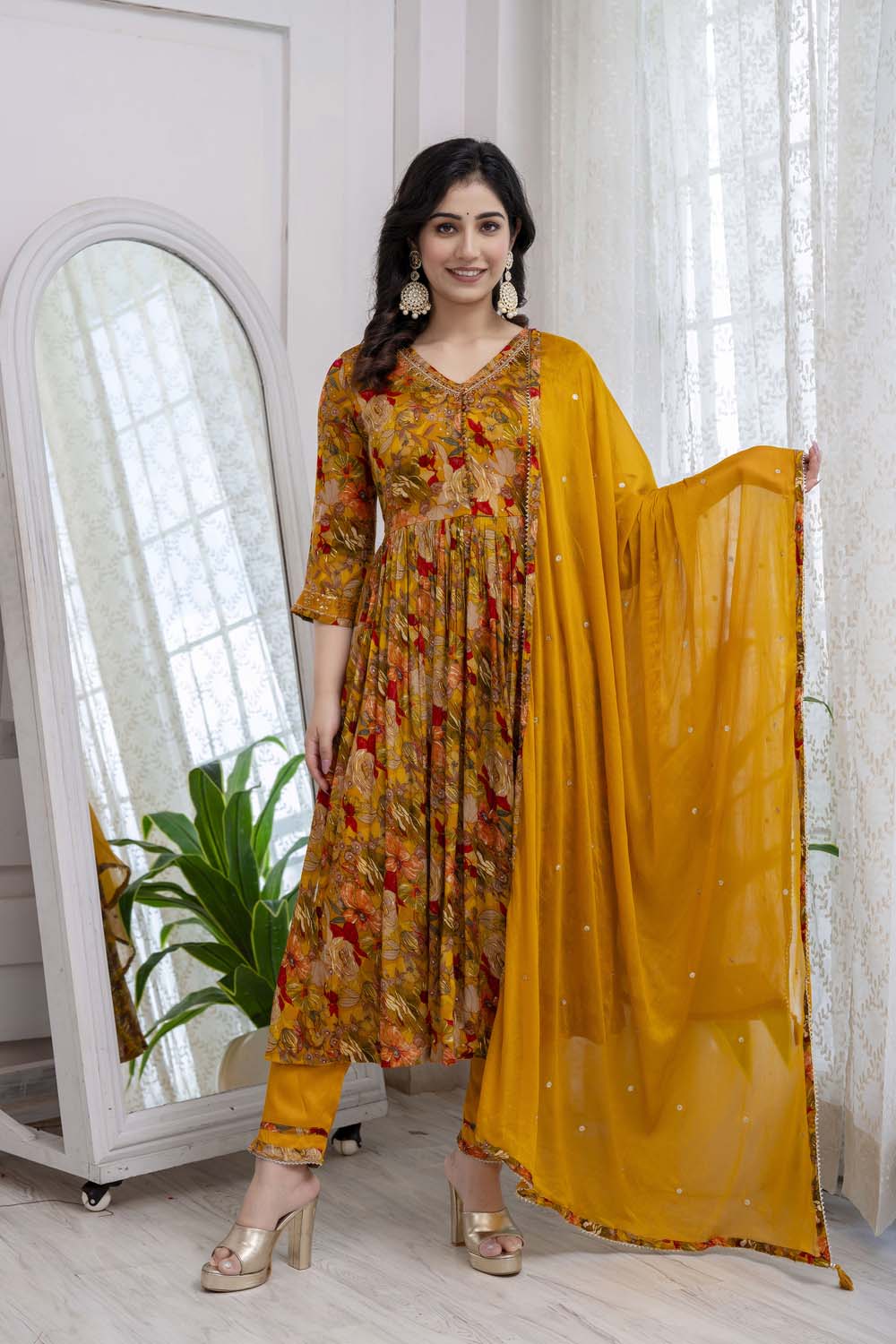 Mustard Chinon Naira Cut Kurti 3 Pieces Set