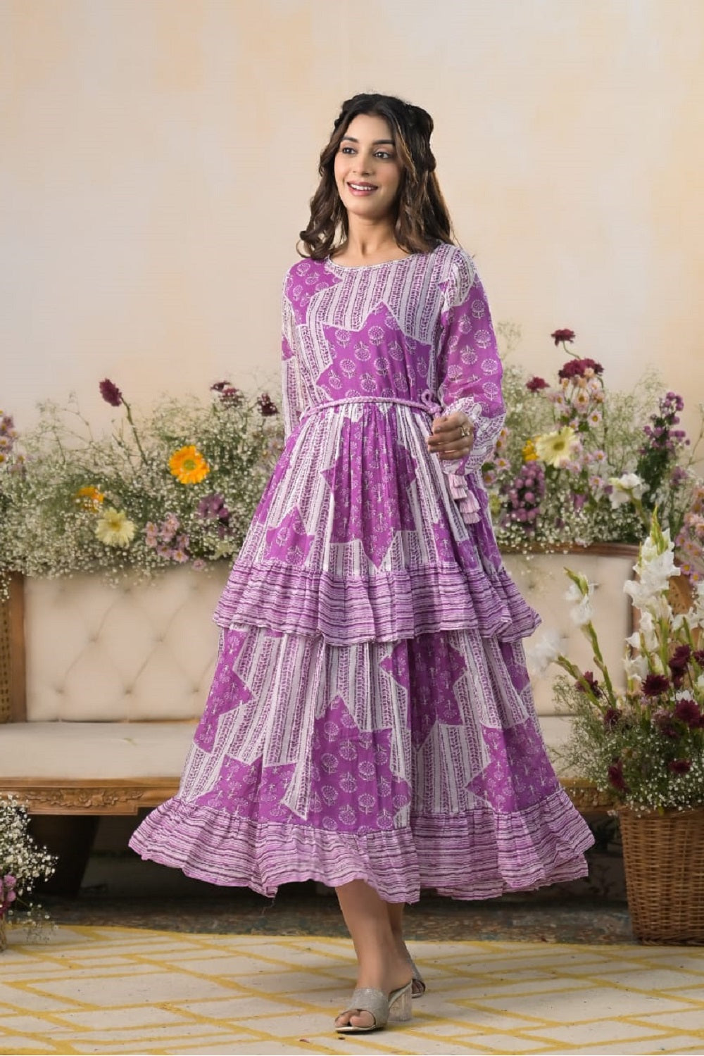 Lavender Cotton Printed Frock Kurti
