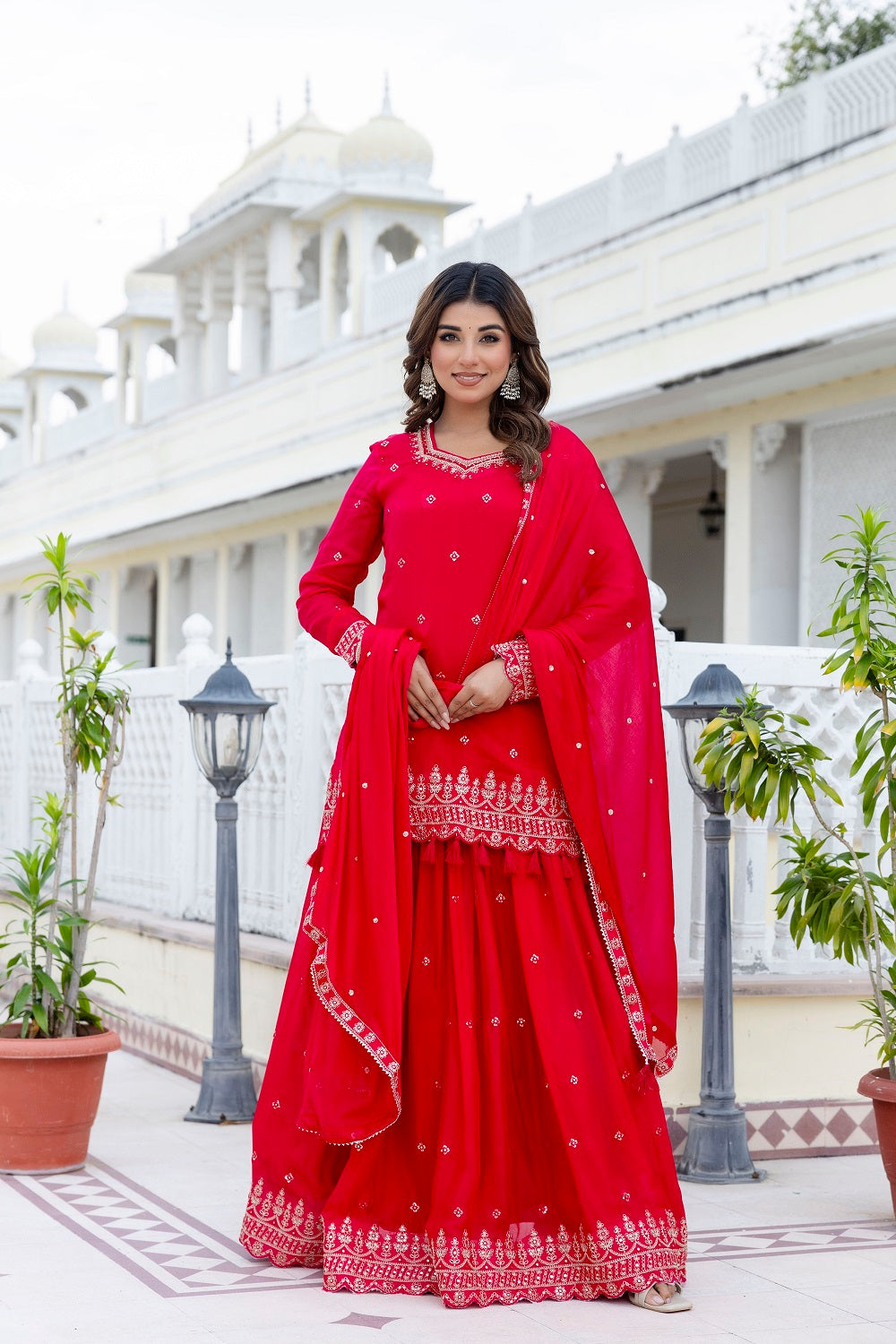 Rani Pink Chinon Skirt Kurti 3 Pieces Set