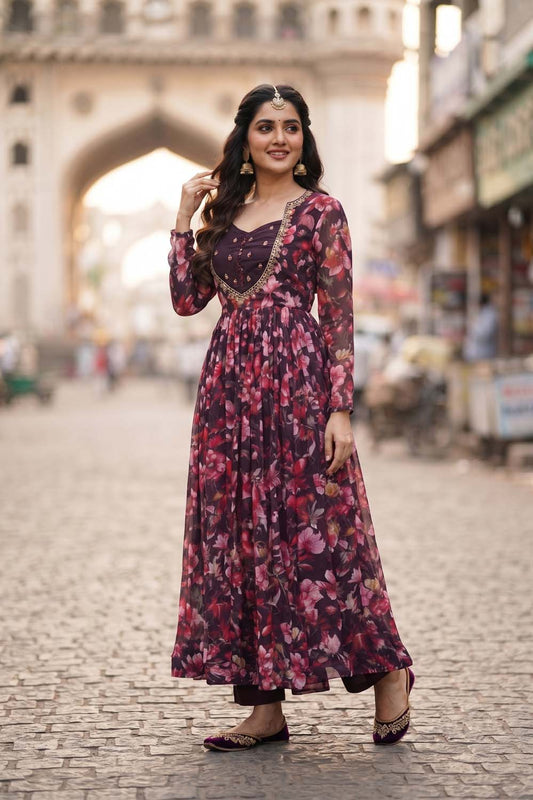 Dark Wine Frock Style Kurti With Pant With Dupatta 3 Pcs Set