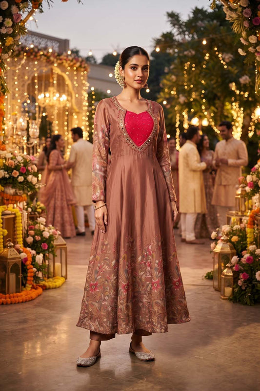 Brown Pure Chinon 3 Pcs Set Kurti Long Frock Straight Pant Dupatta