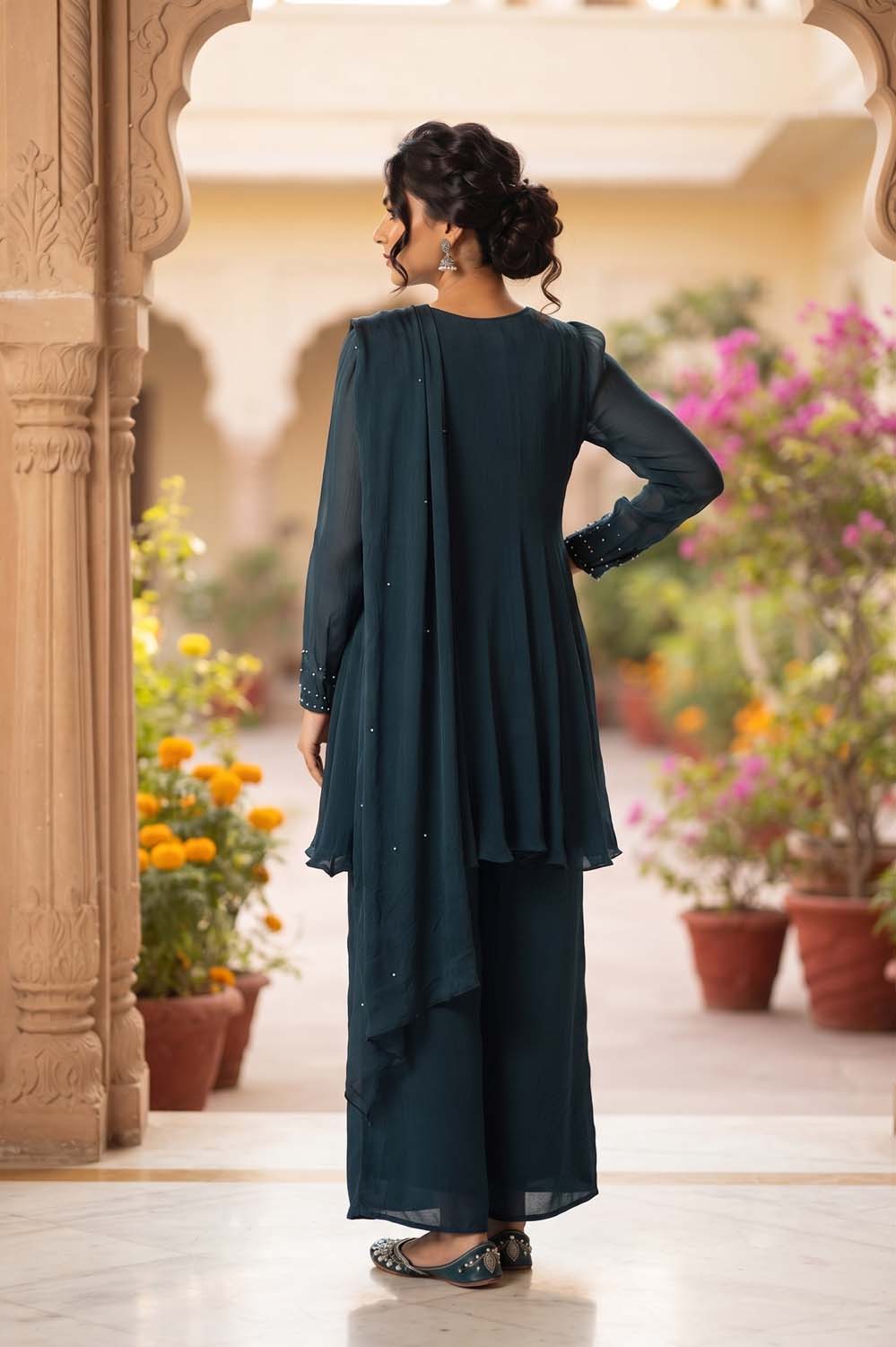 Peacock Blue Chinon Short Kurti With Plazo 3 Pcs Set