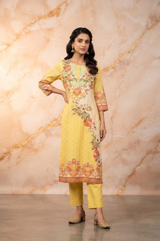 Lemon Straight Cut Kurti With Pant With Dupatta 3 Pcs Set