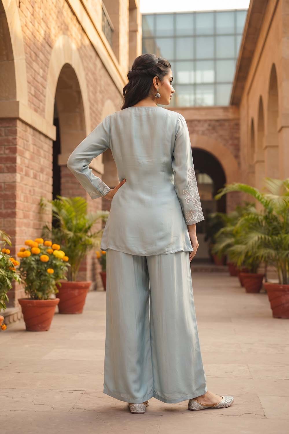 Sky Blue Chinon Short Kurti With Plazo 2 Pcs Set