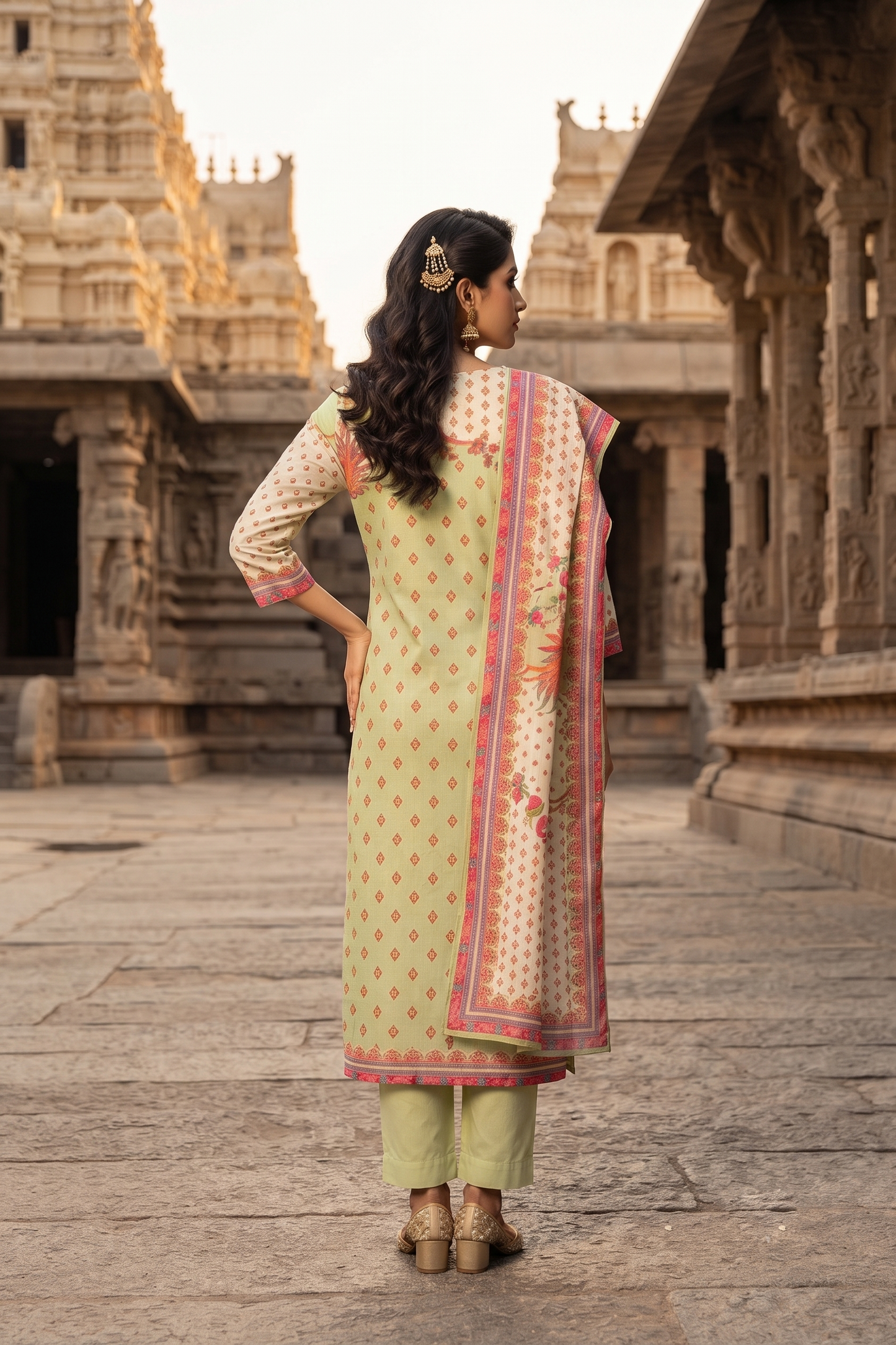P Green Straight Cut Kurti With Pant With Dupatta 3 Pcs Set
