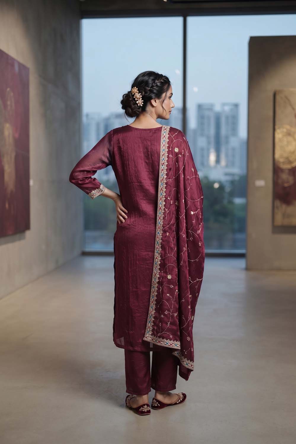 Megenta Straight Cut Kurti With Pant With Dupatta 3 Pcs Set