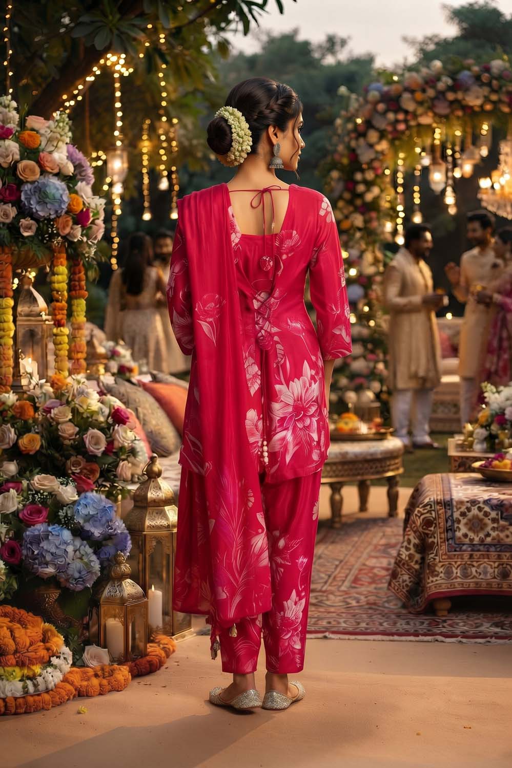 Rani Pink Pure Crepe 3 Pcs Set Kurti Farshi Salwar Dupatta