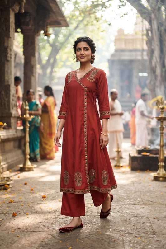 Maroon Cotton Angrakha Style Kurti Frock Straight Pant Dupatta
