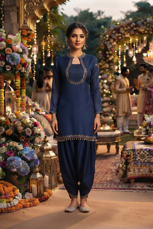 Peacock Blue Pure Chinon 3 Pcs Set Kurti Farshi Salwar Dupatta