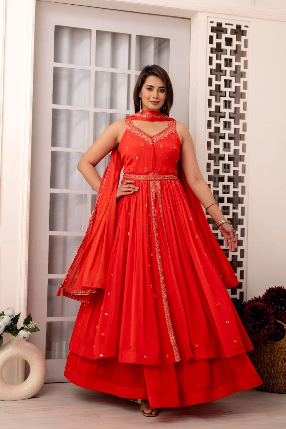 Red Chinon Skirt Kurti 3 Pieces Set