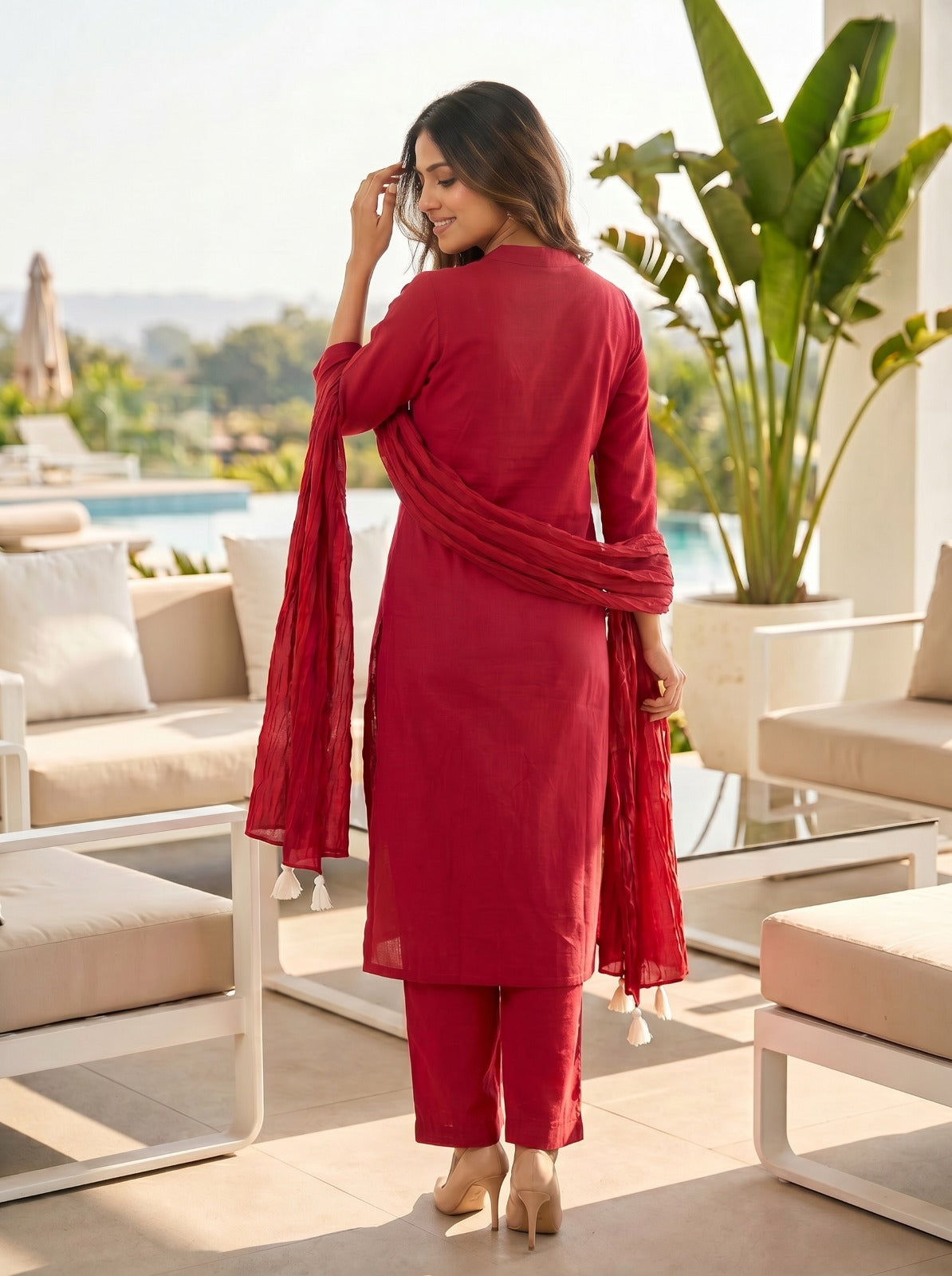 Maroon Cotton Straight Kurti With Plazo and Dupatta 3 Pcs Set