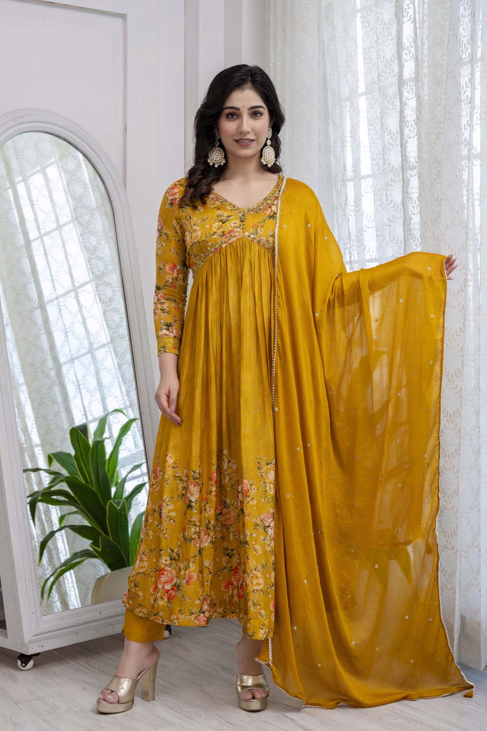 Mustard Chinon Aliya Cut Kurti 3 Pieces Set