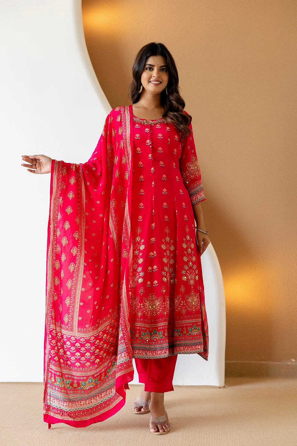 Rani Pink Crepe Frock Kurti 3 Pieces Set