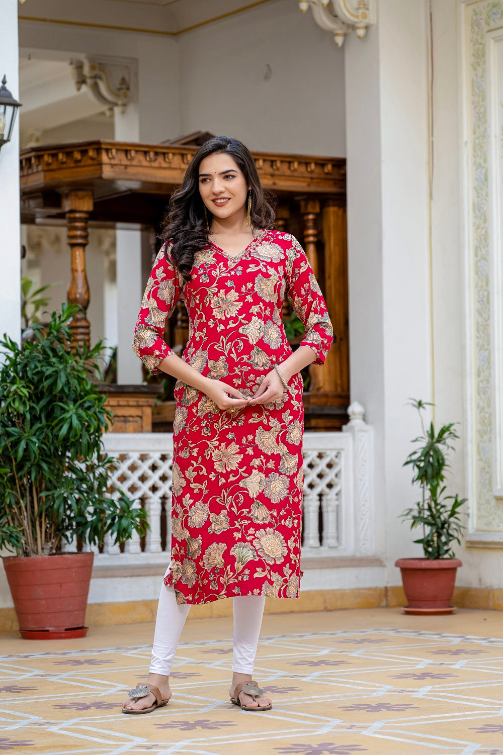 Red Printed Partyqueen Straight Cut Kurti