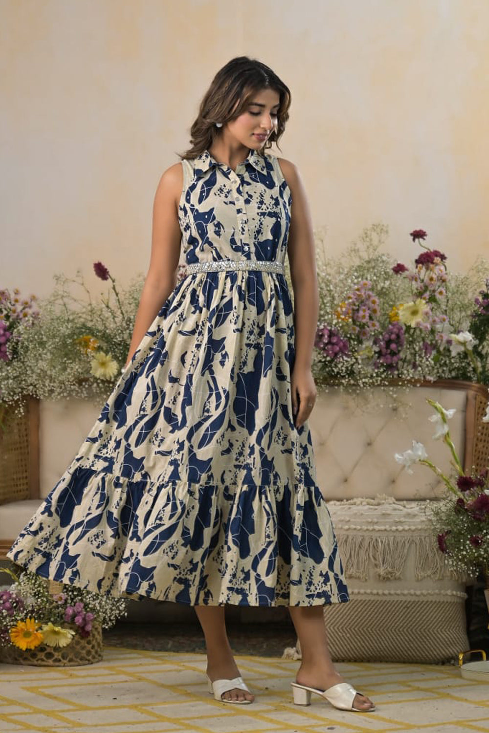 Light Buff And Blue Cotton Printed Frock Kurti