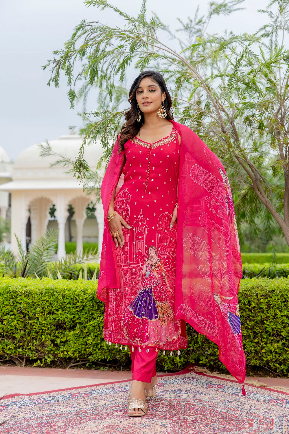 Rani Pink Organza Printed Kurti 3 Pieces Set
