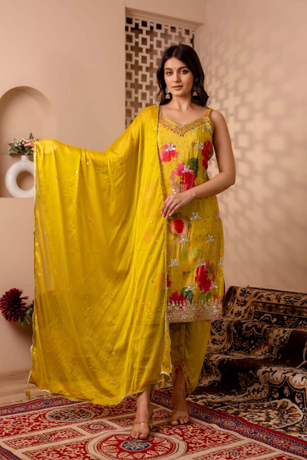 Light Green Chinon Straight Kurti 3 Pieces Set