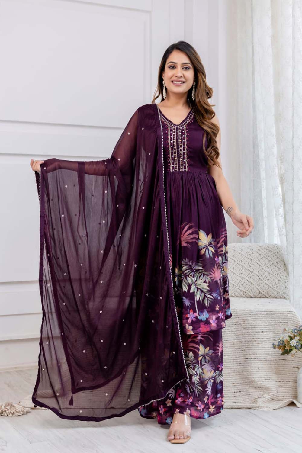 Dark Wine Pure Chinon Poplon Kurti 3 Pieces Set