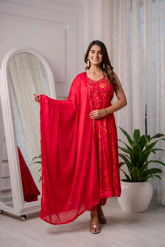 RED PARTYQUEEN KURTI FROCK PANT WITH DUPATTA SET