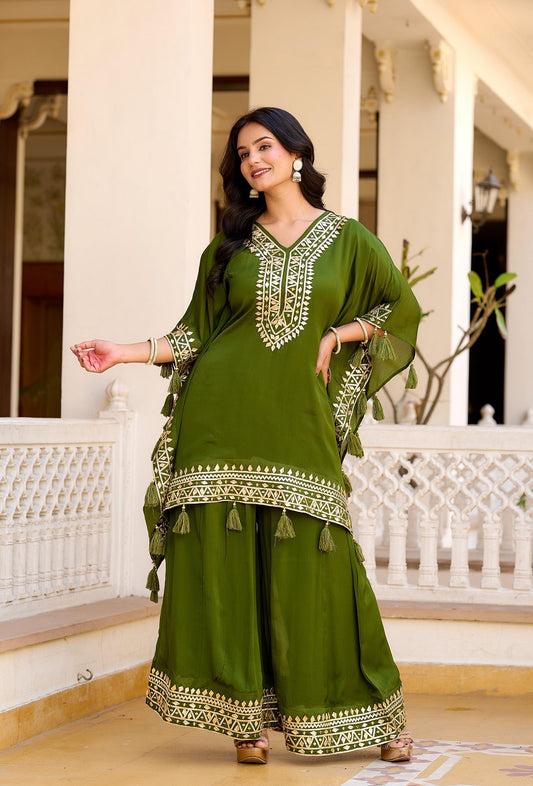 Mahendi Green Chinon Kaftan 3 Pieces Set