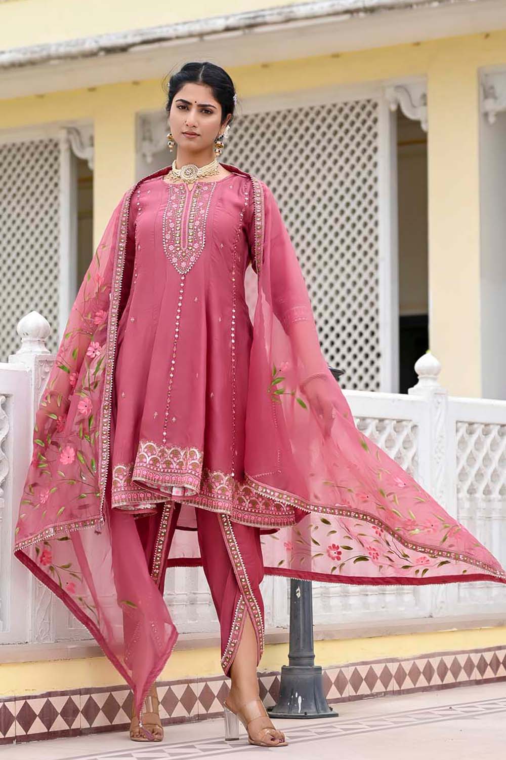 KAIRA PINK POPLON FROCK DHOTI DUPATTA SET Kaira