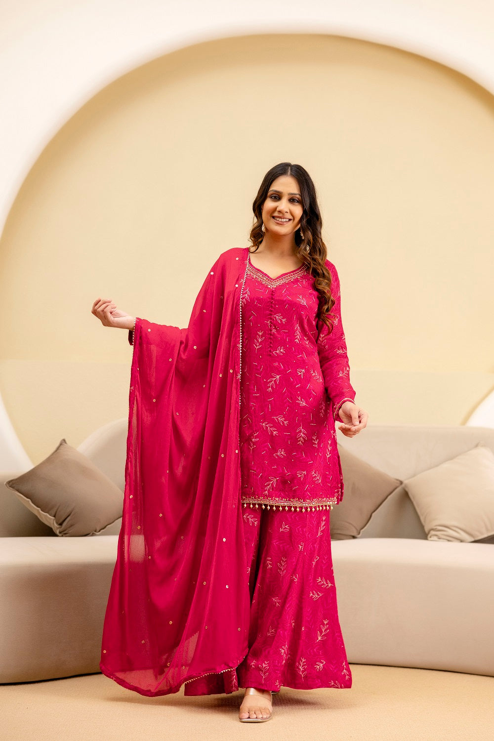 Dark Pink Chinon Short Kurti 3 Pieces Set