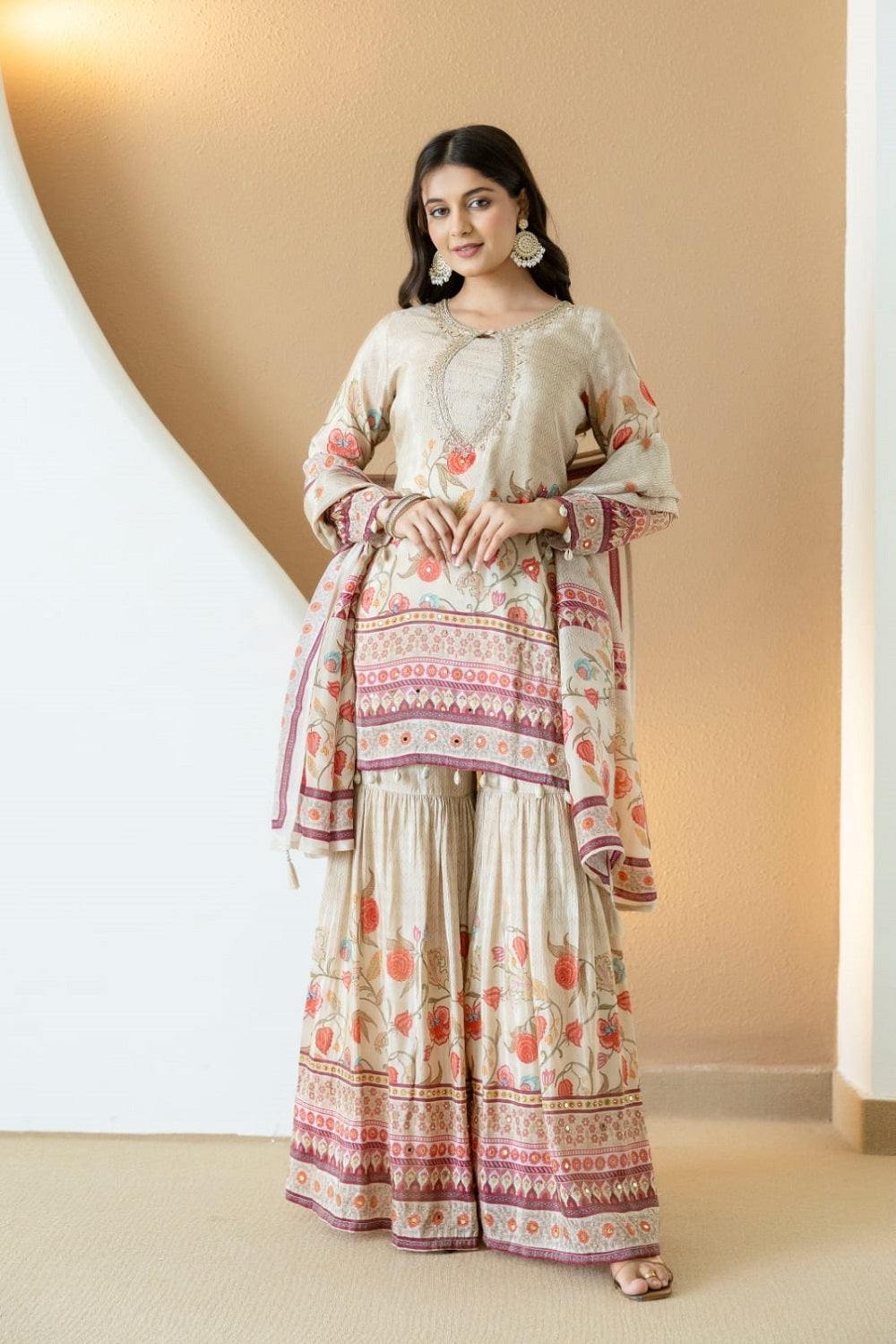 Buff Silk Kurti Sharara 3 Pieces Set