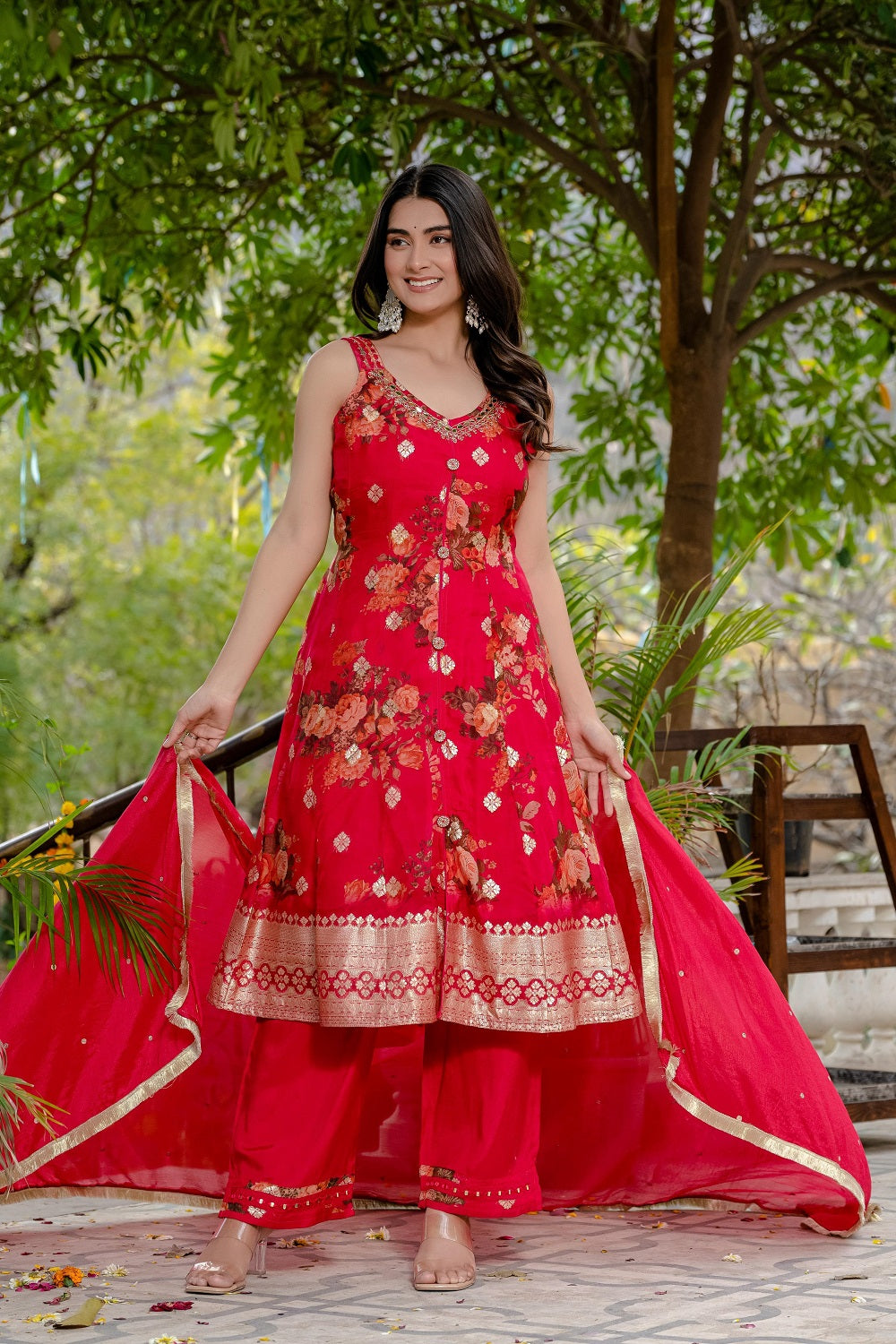 Red Chinon Frock Kurti 3 Pieces Set