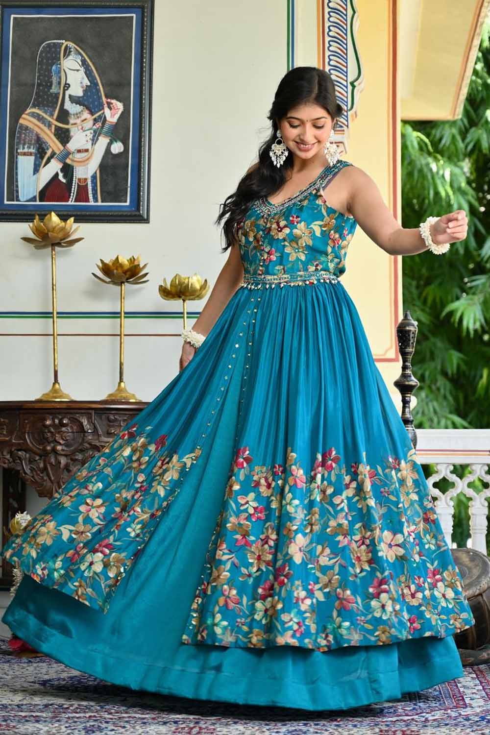 Rama Green Chinon Kurti Skirt 3 Pieces Set