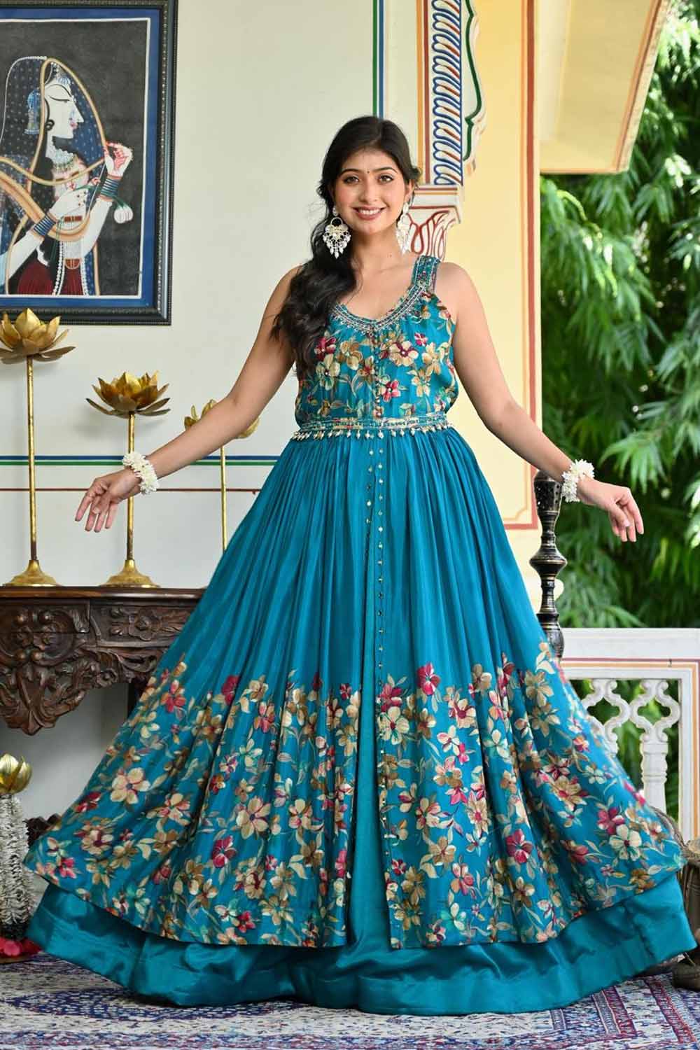 Rama Green Chinon Kurti Skirt 3 Pieces Set