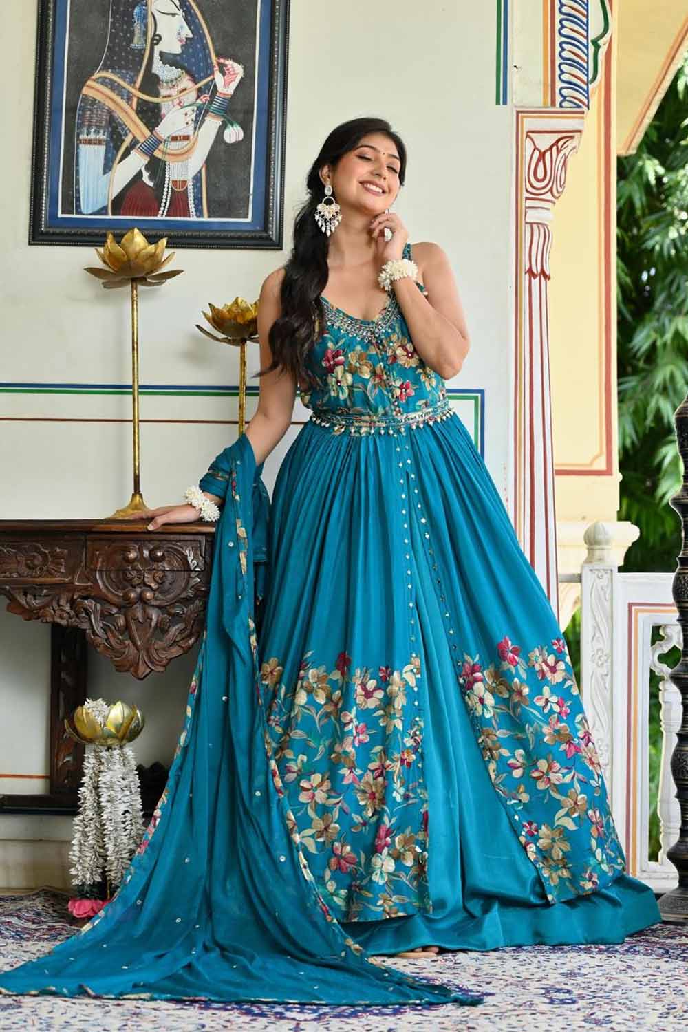 Rama Green Chinon Kurti Skirt 3 Pieces Set