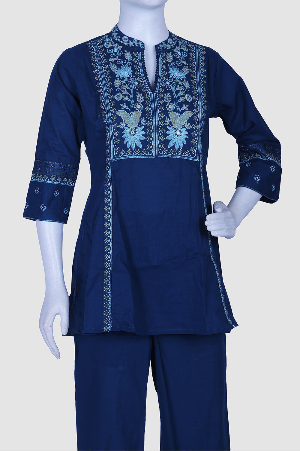Teal Blue Cotton Kurti Pant 2 Pieces Set