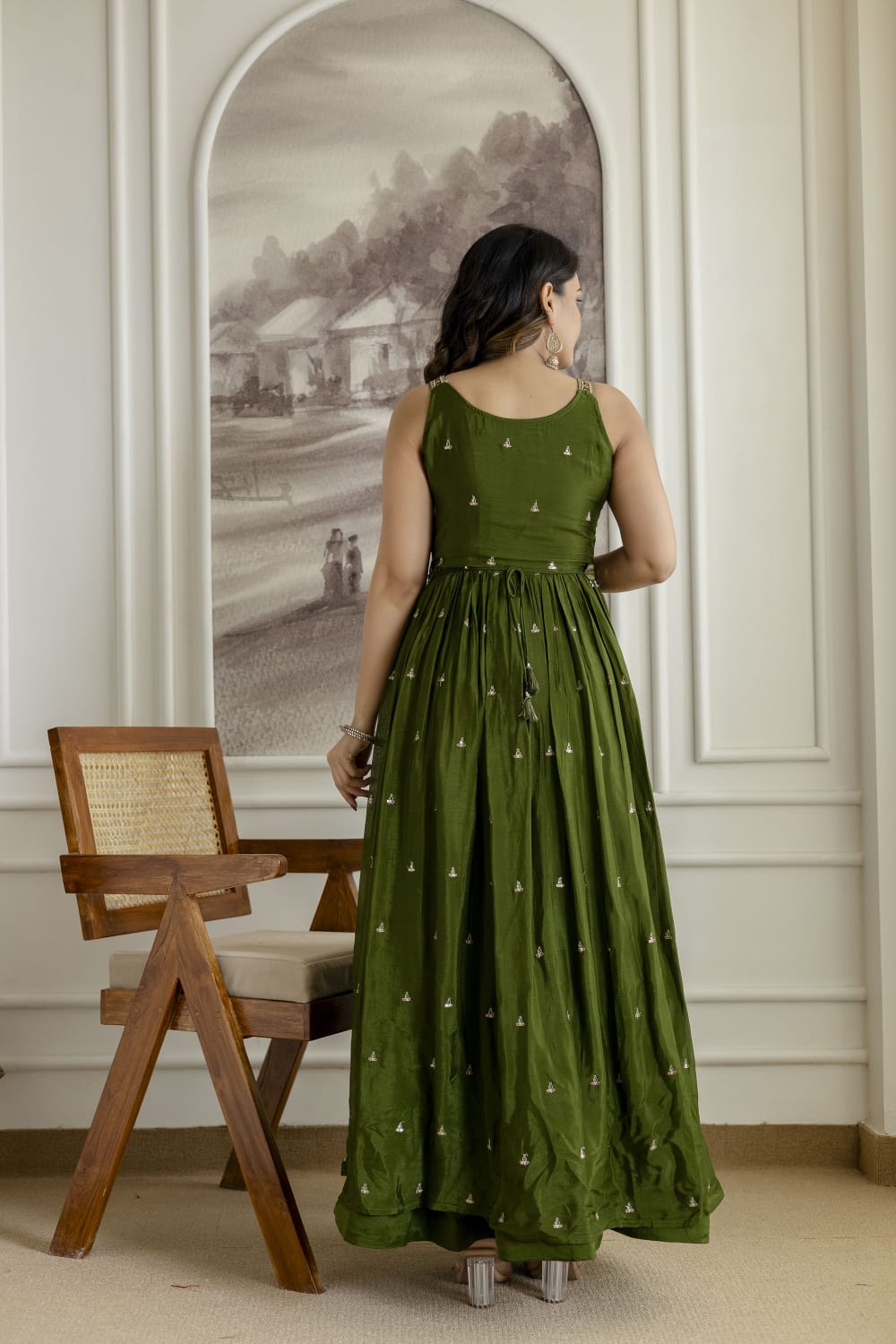 Mehandi Green Chinon Kurti 3 Pieces Set