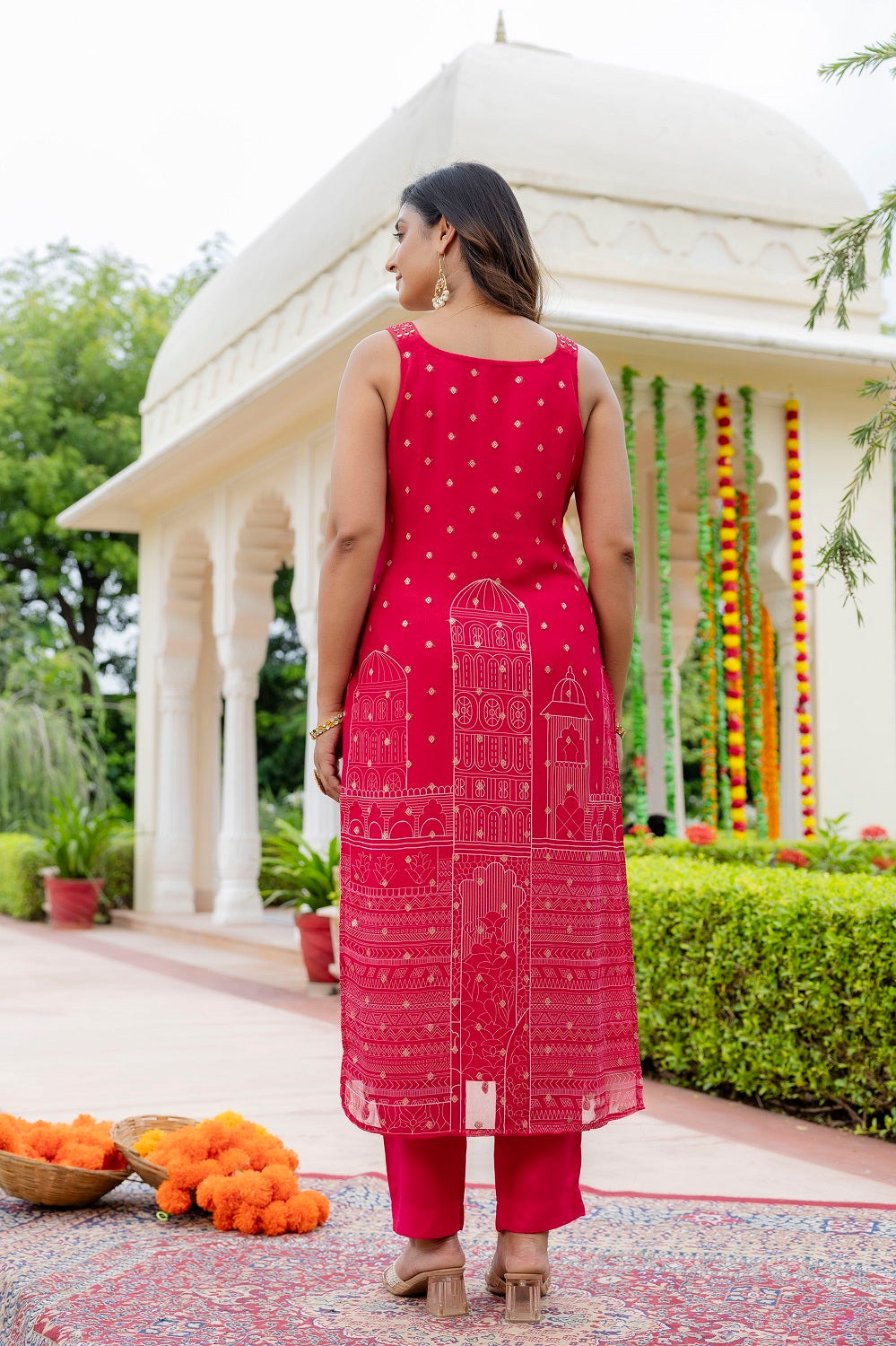 Rani Pink Organza Printed Kurti 3 Pieces Set