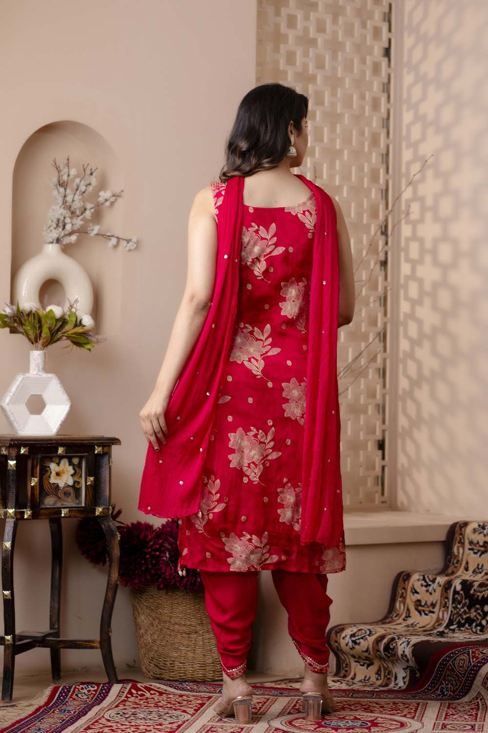 M Pink Chinon Strap Kurti 3 Pieces Set