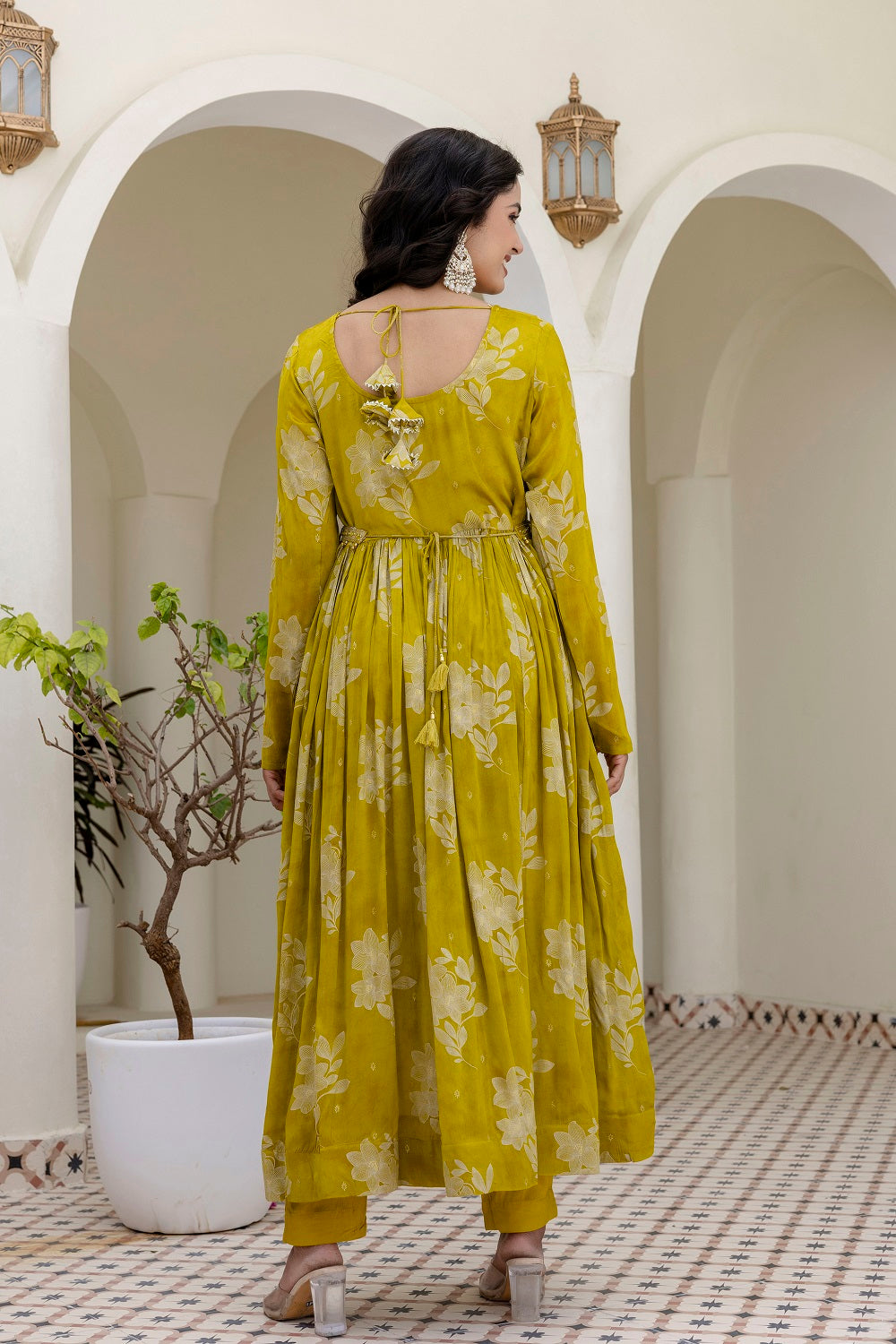 M Green Chinon Frock Kurti 3 Pieces Set
