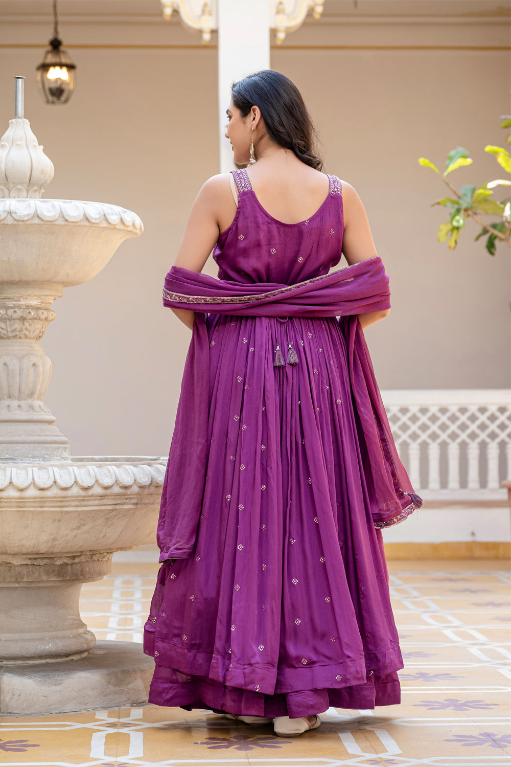 Violet Chinon Front Open Kurti 3 Pieces Set