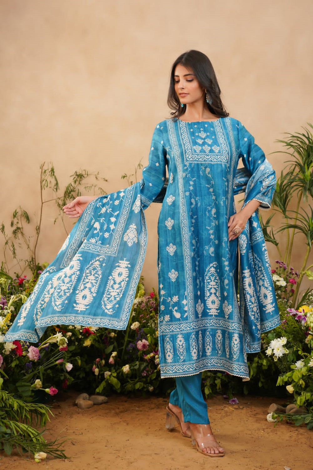 Blue Straight Silk Kurti 3 Pieces Set