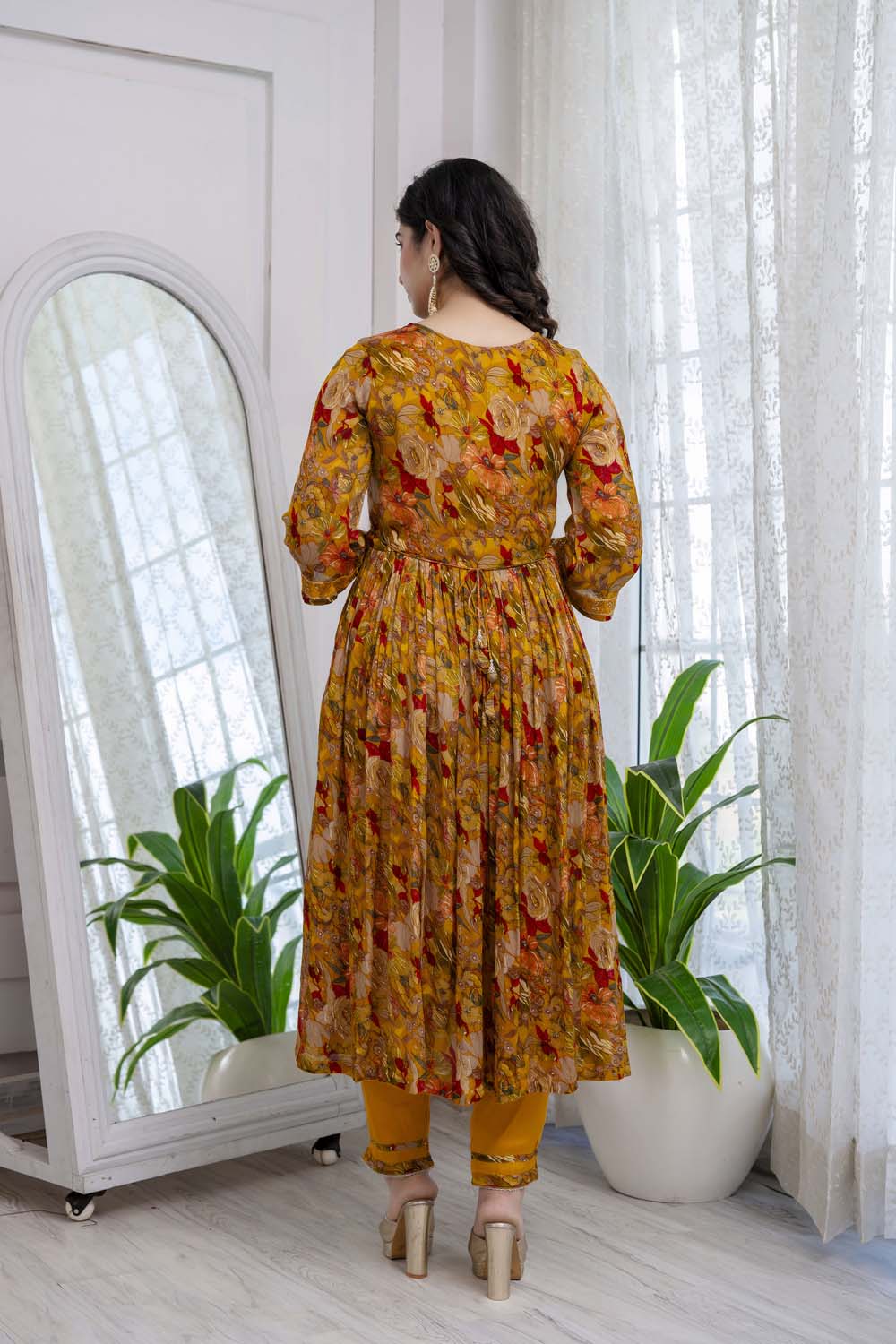 Mustard Chinon Naira Cut Kurti 3 Pieces Set