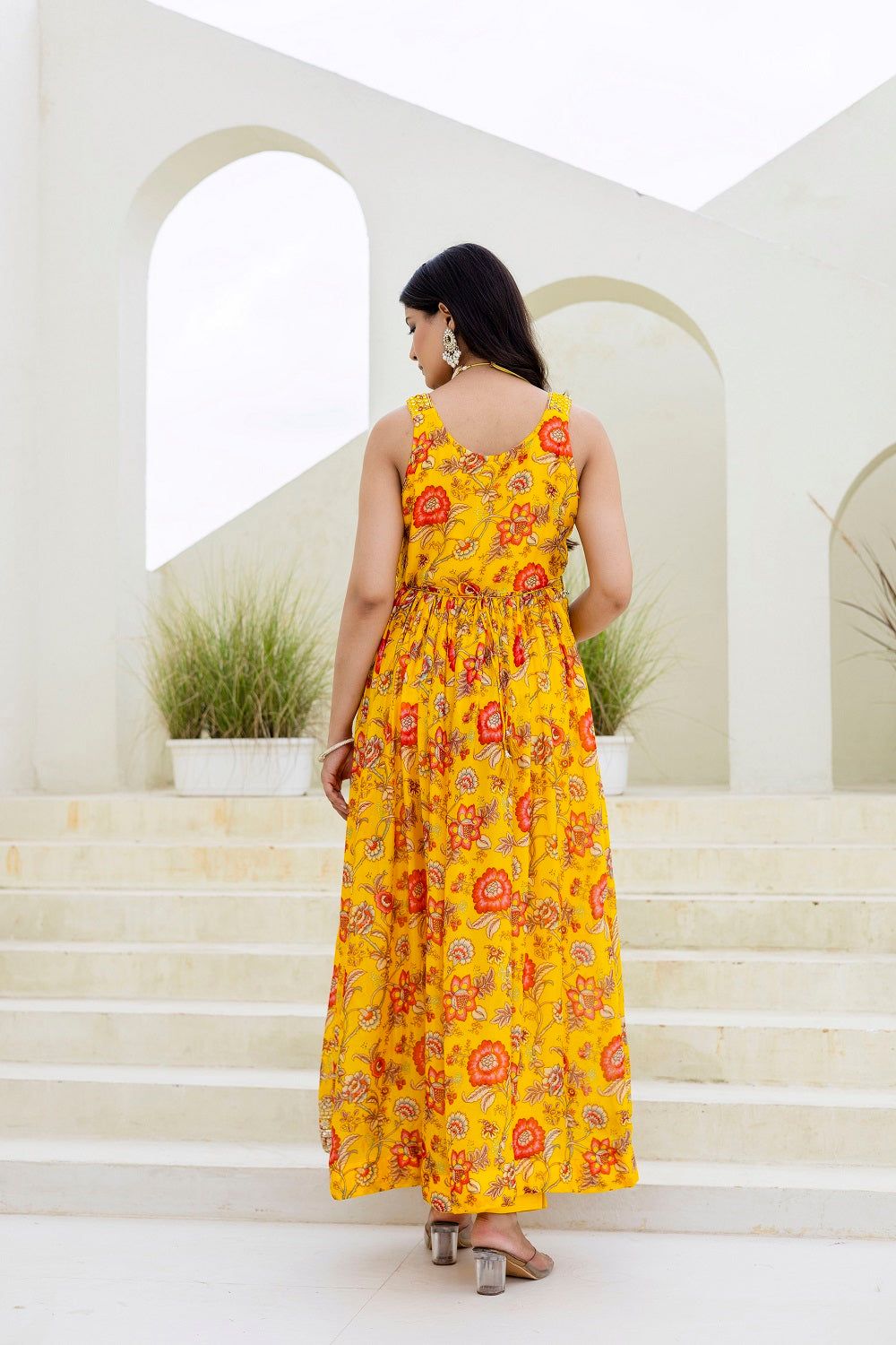 Yellow Chinon Frock Kurti 3 Pieces Set